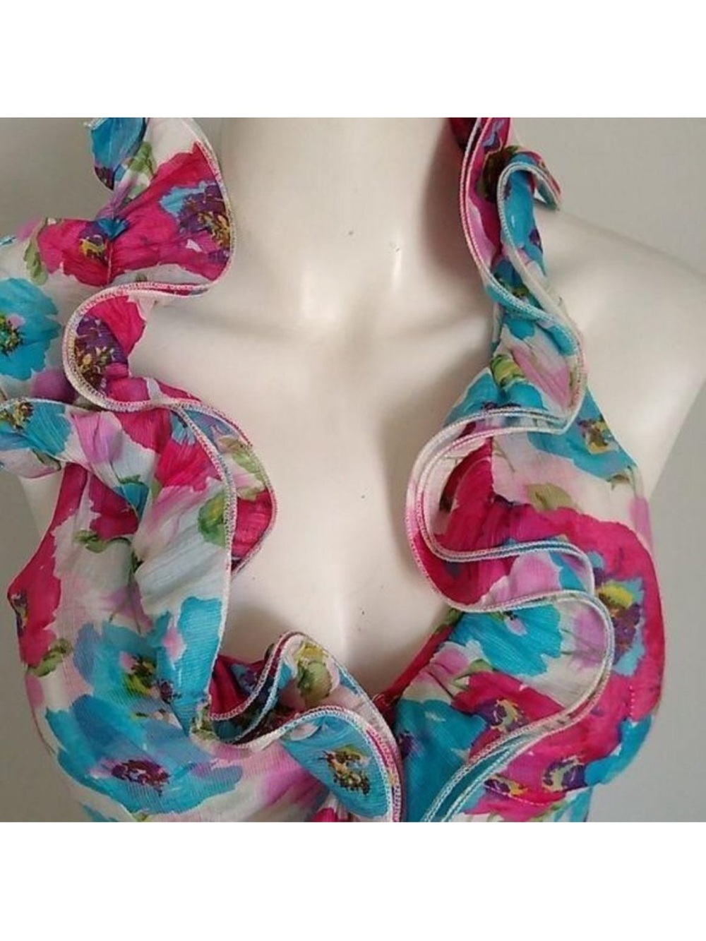Floral Ruffle V-Neck Sleeveless Top - Pink & Teal - Picture 4 of 8